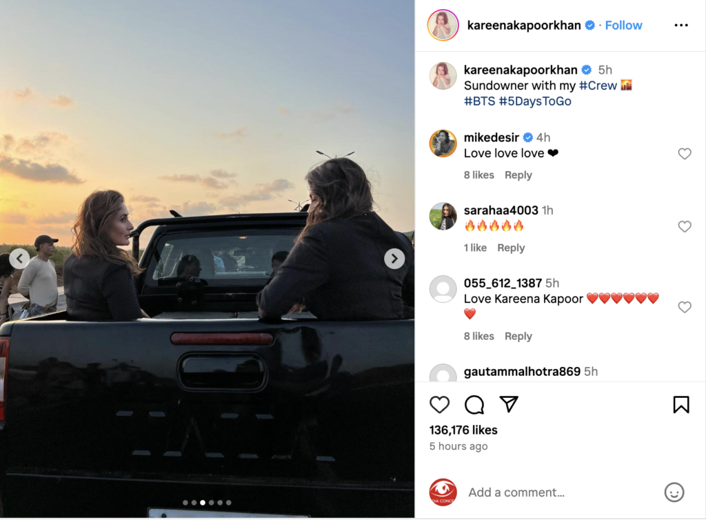 
With the release of 'Crew' just around the corner, Kareena Kapoor Khan has been fueling the anticipation among fans by sharing a series of behind-the-scenes photos from the film set. On Instagram, Kareena offered fans a sneak peek into the making of the film, showcasing moments with co-star Tabu inside a car during a shoot, and various solo poses for the camera, captioning the post with, "Sundowner with my #Crew.#BTS #5DaysToGo."

The post quickly garnered attention, drawing comments from fans and fellow celebrities alike. Arjun Kapoor humorously noted, "Prakash ka chaata is ever present," while others expressed their excitement with comments like "Uffffffffff." Additionally, Rhea Kapoor contributed to the hype by posting a video of Kareena and Kriti Sanon enjoying a pizza party on set, debunking the myth that heroines don't indulge in food, especially with the caption highlighting their enjoyment before a lifting scene involving Kriti Sanon, who was missed by Tabu on this occasion.

The recently released trailer offers a glimpse into the lives of Tabu, Kareena, and Kriti as daring air hostesses. The film promises a blend of humor and glamour, as the characters embark on a journey filled with theft, ambitious schemes, and raising the stakes in the glamour department.

Produced by Balaji Telefilms and Anil Kapoor Film & Communications Network, 'Crew' was initially scheduled for release on March 22 but has been postponed to March 29. The film narrates the story of three women against the challenging backdrop of the airline industry, combining elements of comedy and drama as they navigate through a series of unexpected and comedic predicaments.