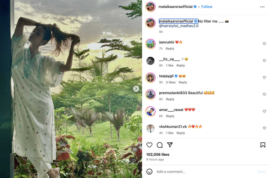  Actor Malaika Arora, who is often seen giving a glimpse into her daily personal and professional updates yet again dropped pictures of herself in 'No Filters' amidst green surroundings.
The 'Chhaiya Chhaiya' actor dropped a couple of pictures on Instagram and wrote, "No filter me ......."
Malaika can be seen posing in an undisclosed location and wearing a white co-ord ethnic set.


Ace filmmaker Farah Khan reacted to the post and wrote, "Looking lovely kameeni."
Fans also bombarded the comment section.
A user wrote, "Itni age ke bad bhi itna young kaise lg sakta hai koi."
Another fan commented, "You dont need any filter bcz your shine is amazing"
Meanwhile, on the work front, Malaika was recently seen judging the reality show 'Jhalak Dikhhla Jaa' with actor Arshad Warsi and choreographer Farah Khan.