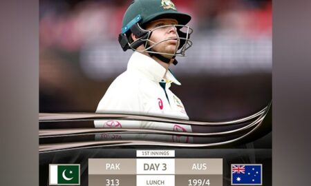 Australia scores 199/4 against Pakistan at end of first session in Sydney (Day 03, Lunch)