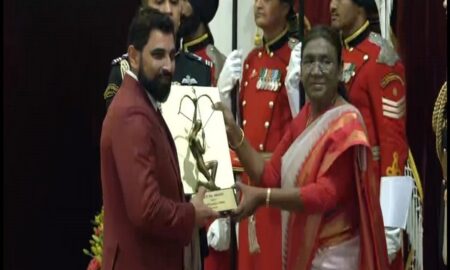 India's President Droupadi Murmu gave the Arjuna Award to bowler Mohammed Shami, shooters Ojas Pravin, on Tuesday at Rashtrapati Bhawan.