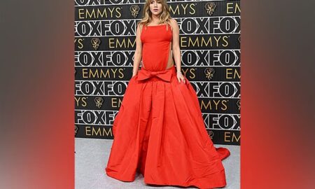 Suki Waterhouse flaunts baby bump in backless red gown 75th Emmys