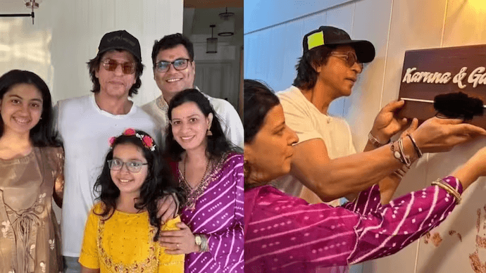 Shah Rukh Khan puts a nameplate and attends Producer Gaurav Verma's housewarming ceremony.