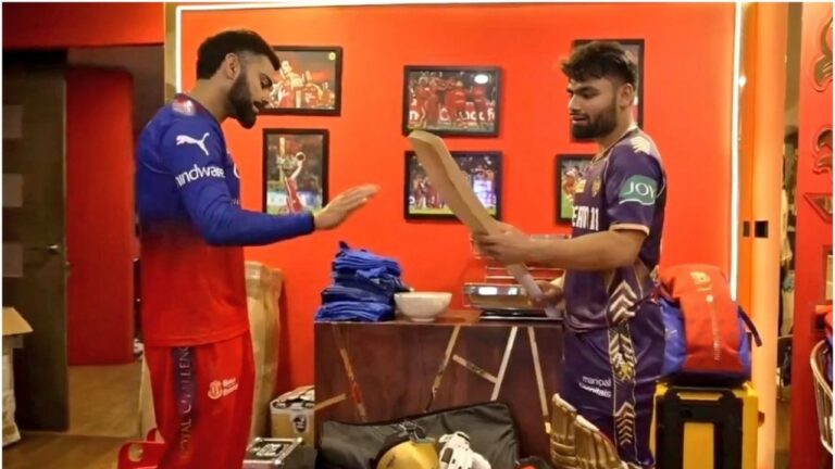Virat Kohli gifts a bat to Rinku Singh following RCB’s loss to KKR