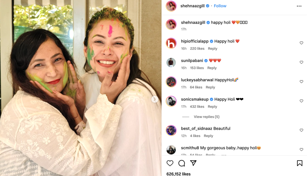 Shehnaaz Gill twins with mother in white for Holi 2024