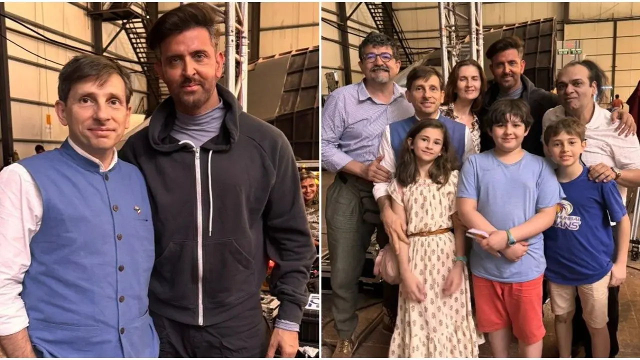 Hrithik Roshan poses with French Consul General in Mumbai on 'War 2' set
