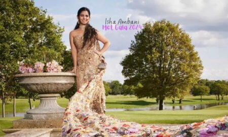 Isha Ambani Stuns at Met Gala 2024 in Rahul Mishra's Floral Couture Sari Gown
