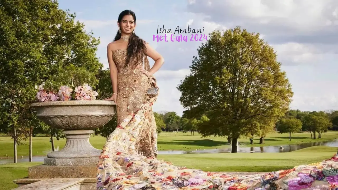 Isha Ambani Stuns at Met Gala 2024 in Rahul Mishra's Floral Couture Sari Gown