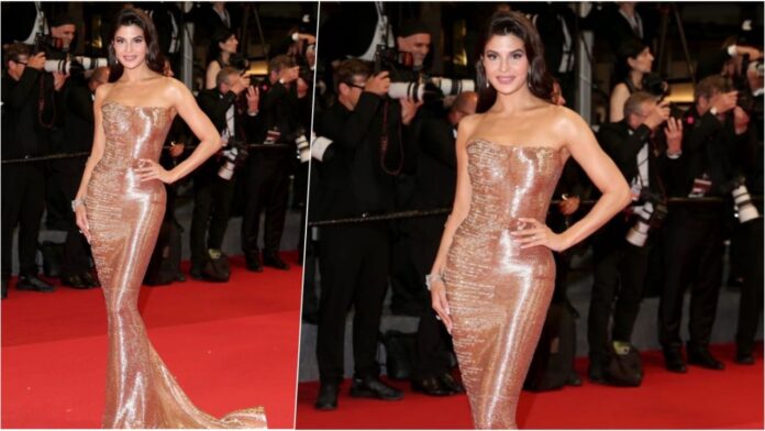 Jacqueline Fernandez Dazzles in Golden Gown at Cannes 2024