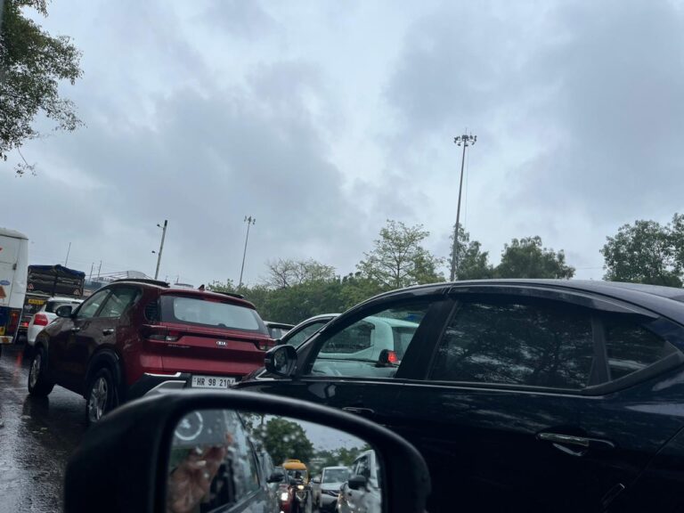 Delhi Faces Chaos as Heavy Rain Strands Cars, Causes Long Jams, and Road Collapse Near Aurobindo Marg