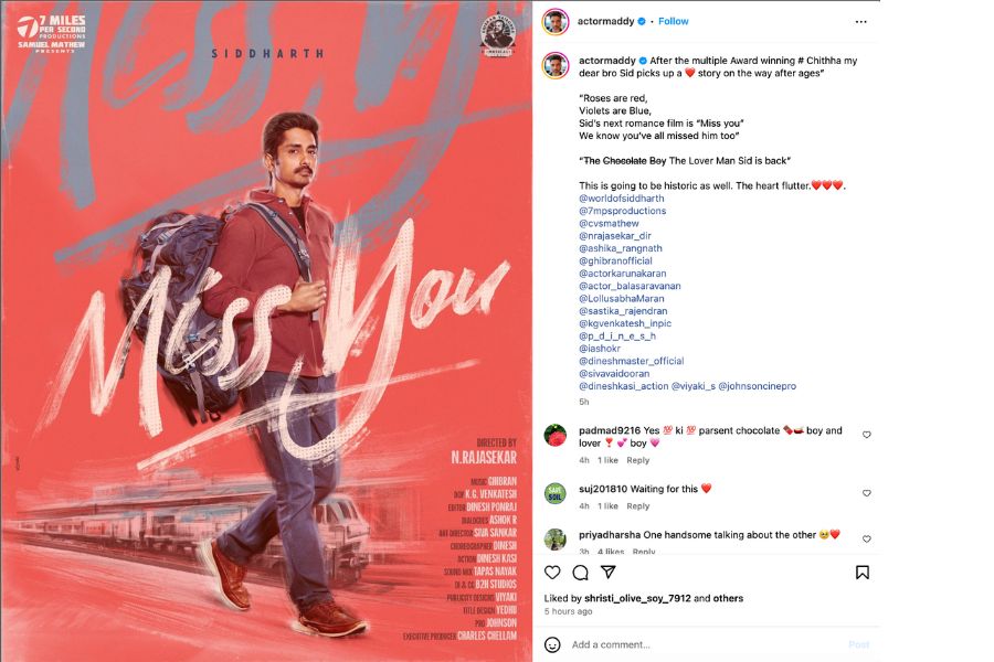 R Madhavan unveils first look poster of Siddharth's 'Miss You'
