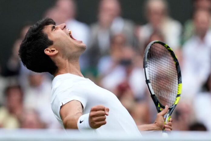 Spanish tennis sensation Carlos Alcaraz claimed his second consecutive Wimbledon title on Sunday, defeating Novak Djokovic 6-2, 6-2, 7-6 (7-4) on the hallowed grounds of Centre Court in London.