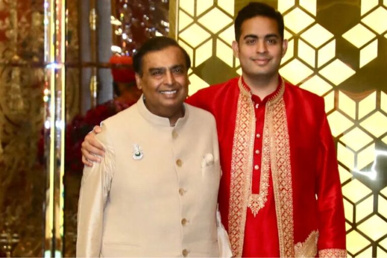Mukesh Ambani Poses with Son Akash at Anant-Radhika’s Haldi Ceremony