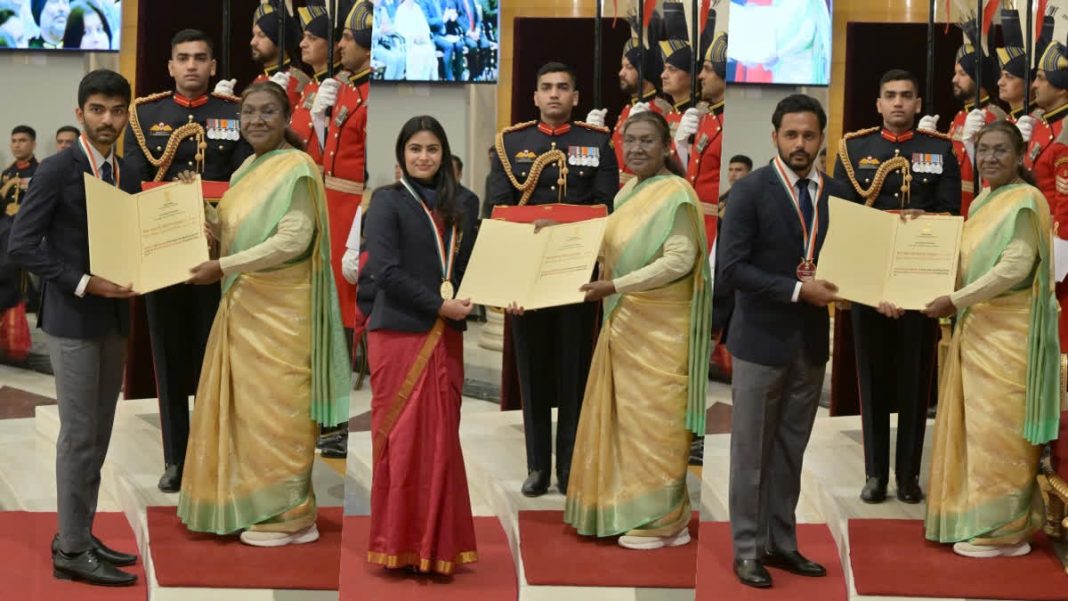 President Draupadi Murmu Honors D Gukesh, Manu Bhaker, Harmanpreet Singh, Praveen Kumar With Prestigious Khel Ratna Award, See Pictures