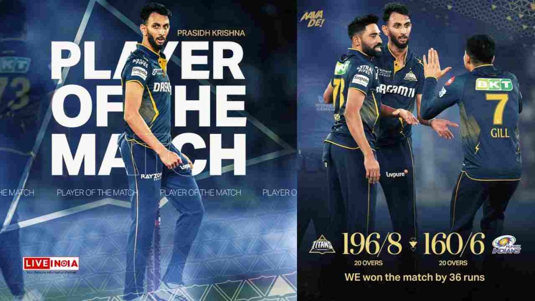 Prasidh Krishna Stars with the Ball as Gujarat Titans Dominate Mumbai Indians by 36 Runs