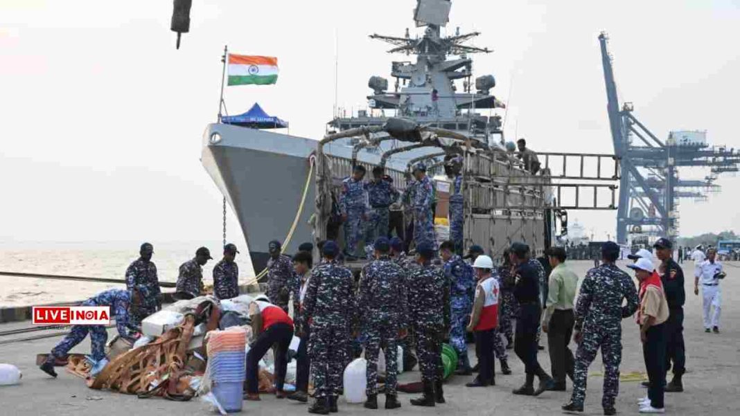 INS Satpura & Savitri Dock in Yangon with Over 50 Tons of Aid Under ‘Operation Brahma’