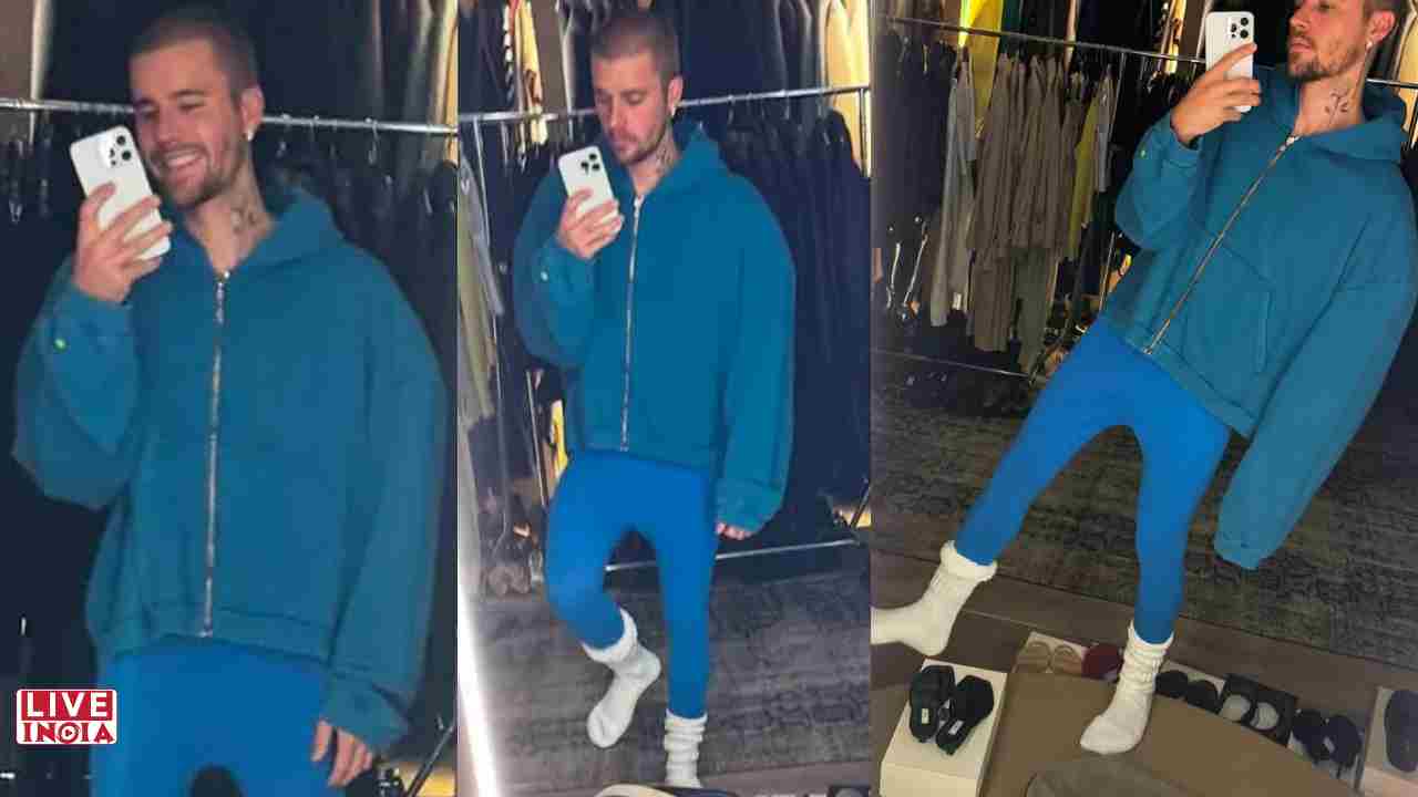 Justin Bieber Debuts Bold Blue Look While Promoting New Brand SKYLRK