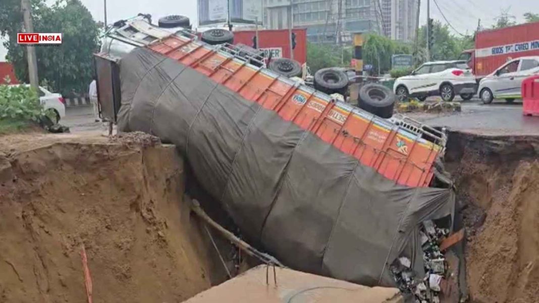 Video: Gurugram Road Caves In After Heavy Rain, Truck Falls Into Giant Crater