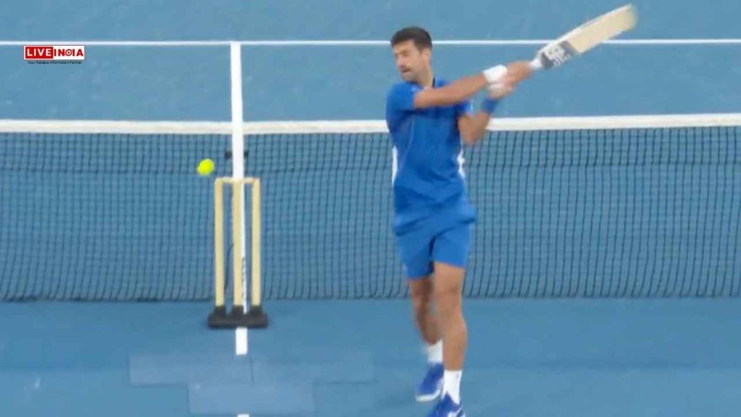 WATCH: Novak Djokovic Tries Playing Cricket, Fails Hilariously to Hit Tennis Ball with Bat Till He Wows Crowd with a Six