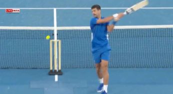 WATCH: Novak Djokovic Tries Playing Cricket, Fails Hilariously to Hit Tennis Ball with Bat Till He Wows Crowd with a Six