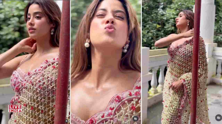 Janhvi Kapoor looks great in a pink floral saree as she joins Sidharth Malhotra to promote "Param Sundari."