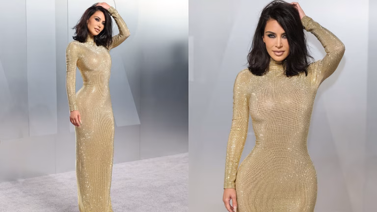 Kim Kardashian Turns On The Heat In Gold Figure-Hugging Gown At Oscars Afterparty