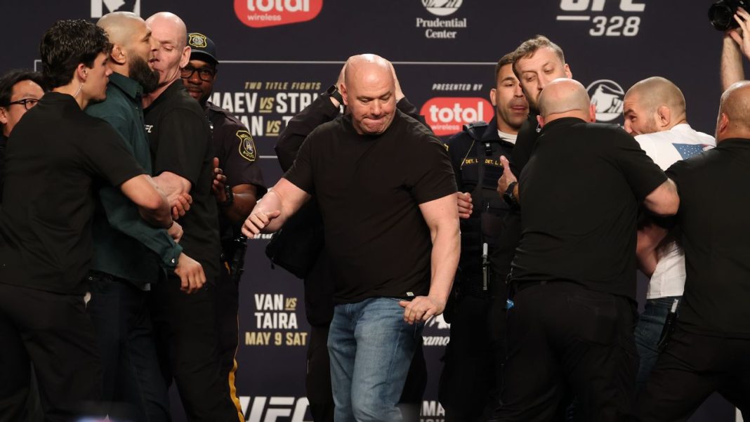 Chaos Erupts as Khamzat Chimaev Kicks Sean Strickland at UFC 328 Press Conference