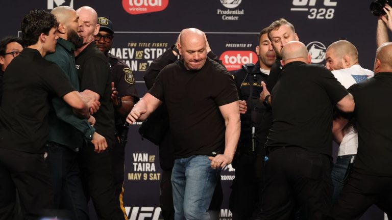 Chaos Erupts as Khamzat Chimaev Kicks Sean Strickland at UFC 328 Press Conference