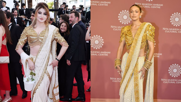 Cannes 2026: Urvashi Rautela TROLLED For 'Copying' Gigi Hadid's Iconic White-Gold Saree Look