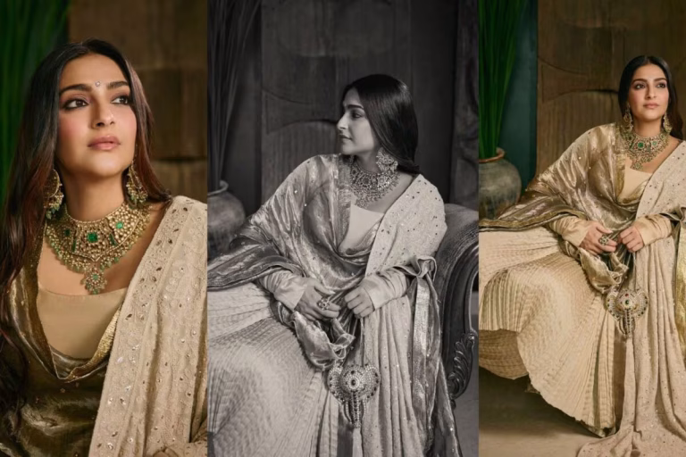 Sonam Kapoor Stuns in Ivory-Gold Couture at Anshula Kapoor’s Pre-Wedding Festivities