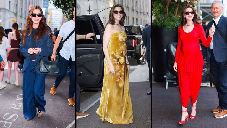 Anne Hathaway Debuts Chic Maternity Style in Gold Lela Rose Gown for ‘The Odyssey’ Press TourAnne Hathaway Debuts Chic Maternity Style in Gold Lela Rose Gown for ‘The Odyssey’ Press Tour