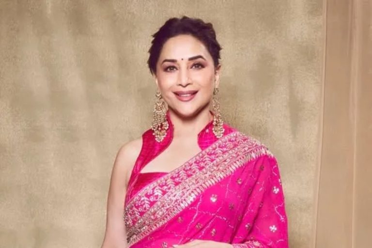 Madhuri Dixit Nene Stuns In Anita Dongre’s Rani Pink Sari At Anshula Kapoor’s Wedding