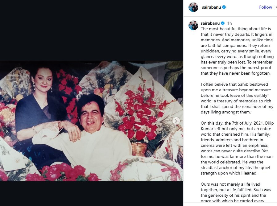 Saira Banu Remembers Dilip Kumar With Emotional Tribute on His Fifth Death Anniversary